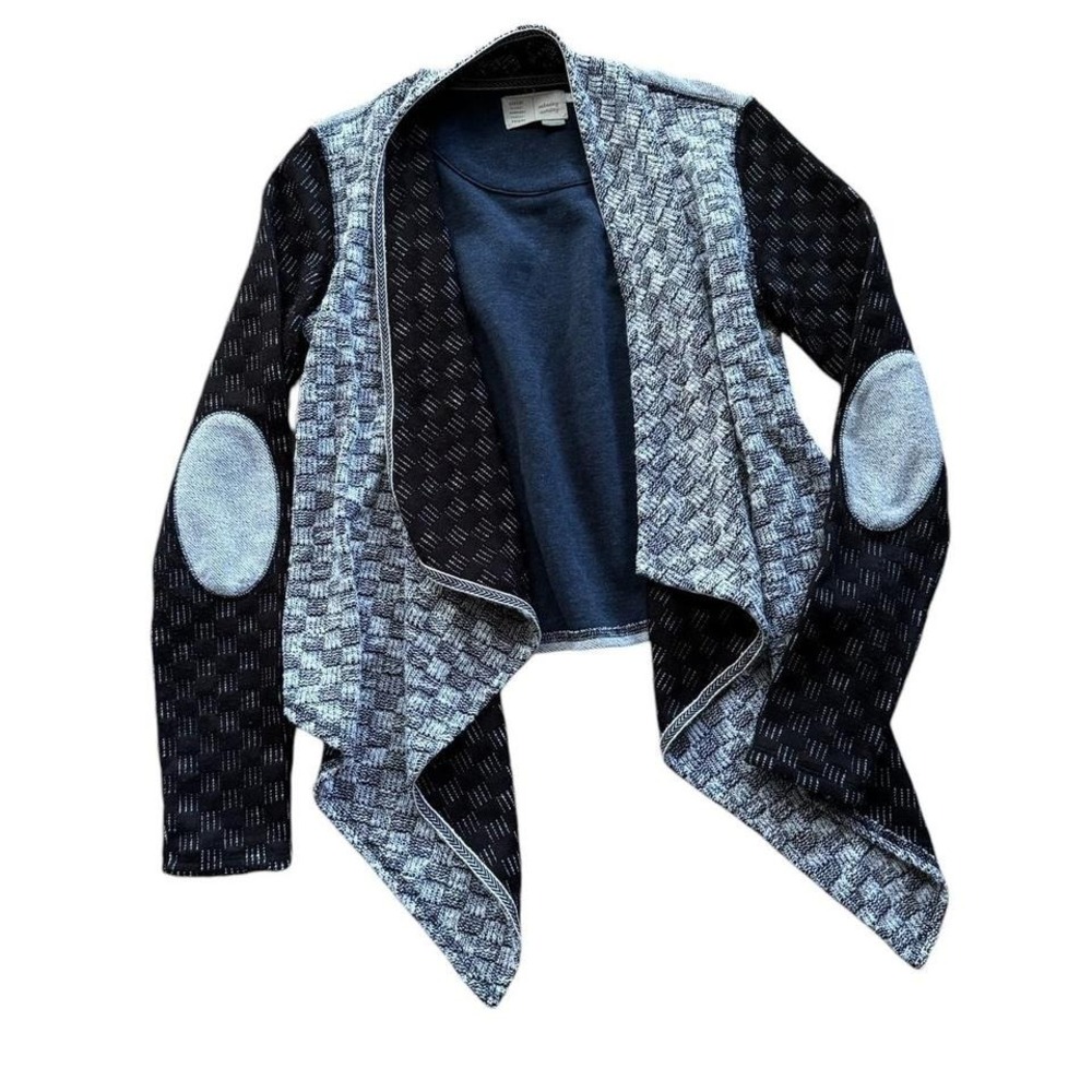 black and grey long sleeve cardigan sweater with elbow patches and front drape